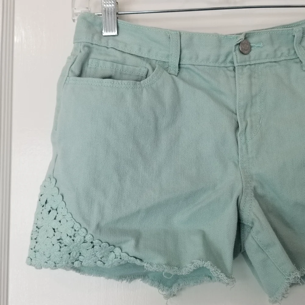 Size 16 Mint Blue Green Old Navy Girl's Jean Shorts with Boho Crochet Trim